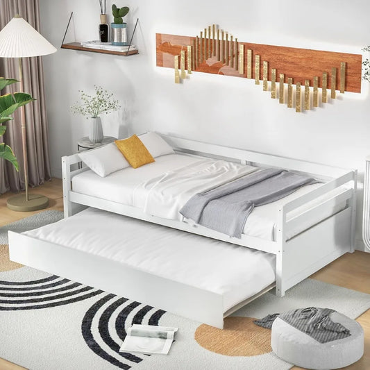 Twin Daybed with Trundle – White Wood Frame with Slat Support, Mid-Century Design for Living or Guest Room