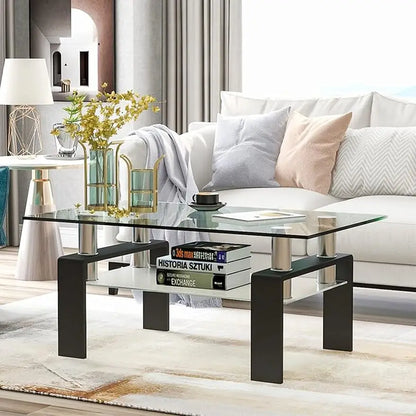 2-Tier Rectangle Glass Coffee Table – Modern Side Table for Living Room