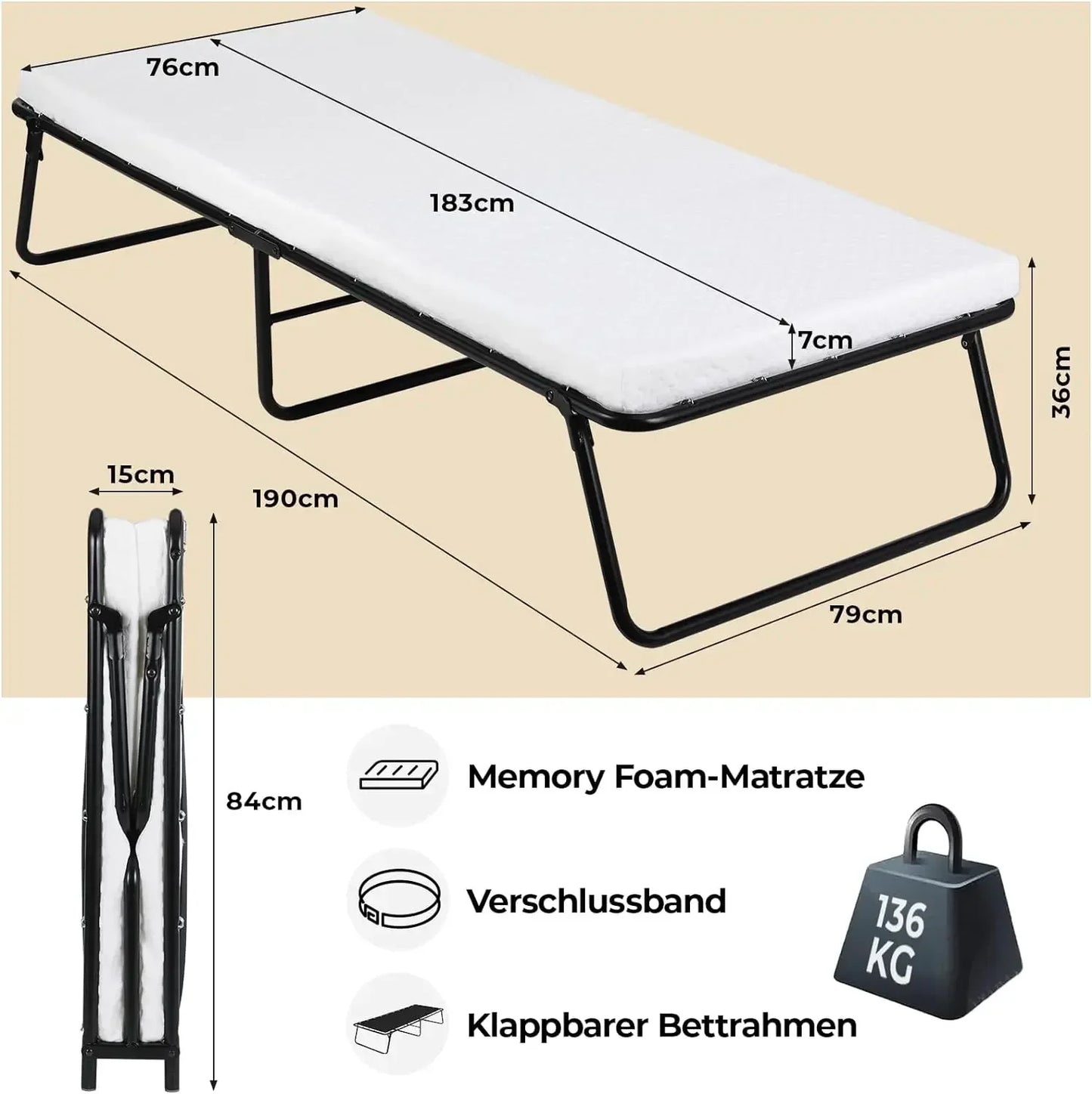 Folding Guest Bed with 7cm Memory Foam Mattress – Portable 80x190cm Single Bed with Wheels