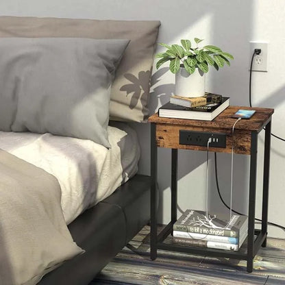 Nightstand with Charging Station – 2-Tier Bedside Table with USB Ports, Outlets & Record Player Stand