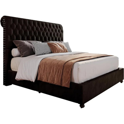 Queen-Size Padded Platform Bed – 52.8'' High Sleigh Headboard with Button Tufting, No Box Spring Needed