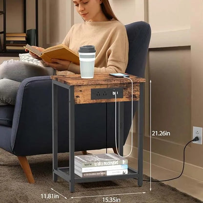 Nightstand with Charging Station – 2-Tier Bedside Table with USB Ports, Outlets & Record Player Stand